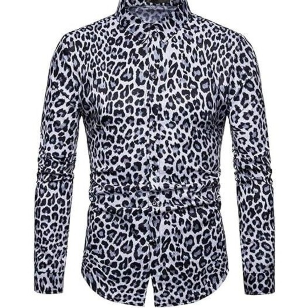 Luc Matton Men Casual Dress Shirt Top Small Long Sleeve Leopard Print Gray Black